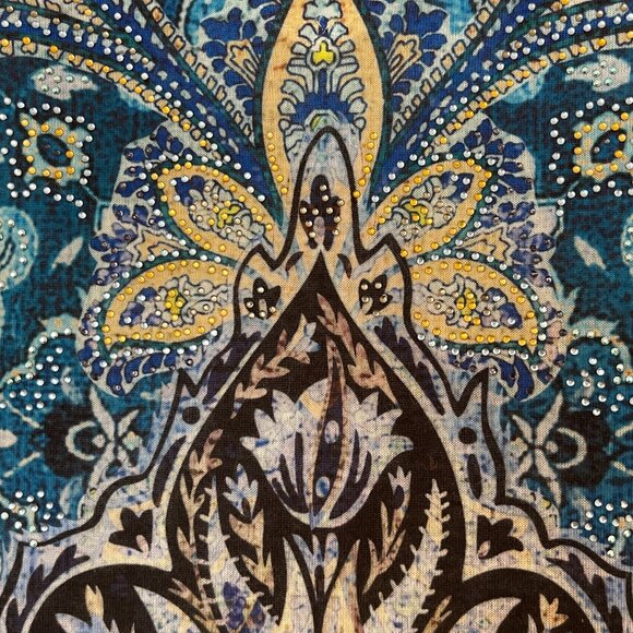 Chico's 0 Small Knit Top Shirt Blue Yellow Multi Crystals Studs V Neck Blouse - Picture 3 of 8